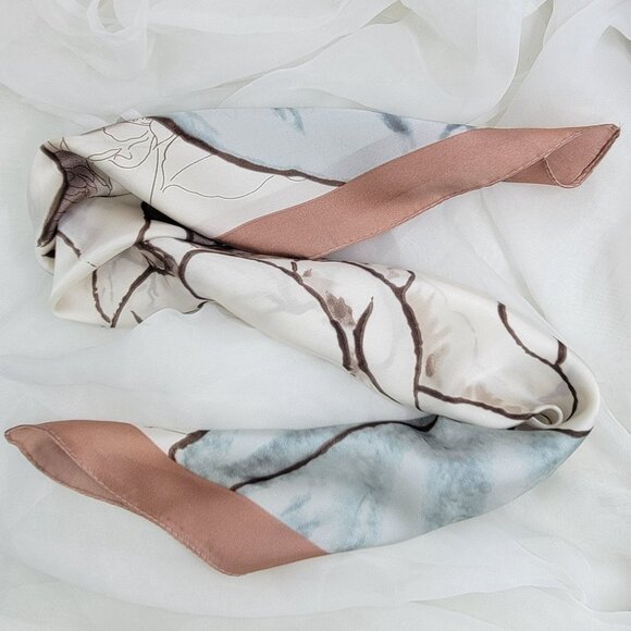 ⭐Elegant Bandana Square Scarf FLORAL Silky Satin Soft Beige Brown Neutral hijab - Picture 5 of 8